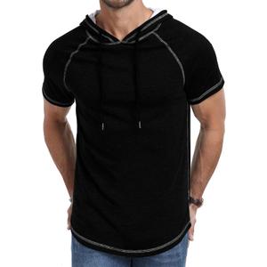Aiyino Men's Short Sleeve Hoodie Workout Gym Sweatshirt Muscle Fit Fashion Athletic Hoodies Pullover Cotton Hooded T-Shirts (Large, Black)
