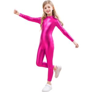 Girls Shiny Metallic Unitard Long Sleeve Leotard Turtleneck Kids Bodysuit for Costume Dance 7-8 Years