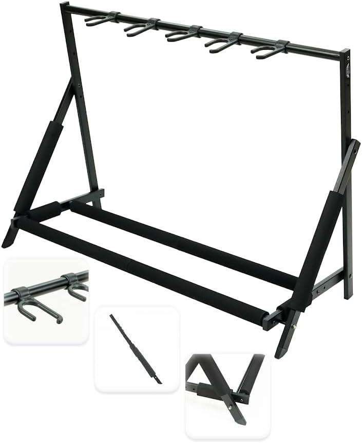 Stage Rocker Multi Guitar Stand, Foldable 5 Holder Rack with Adjustable Height & Width, Easy Assembly & Storage, Reliable Soft Foam Padding to Protect Acoustic or Electric Guitars & Basses, Black.