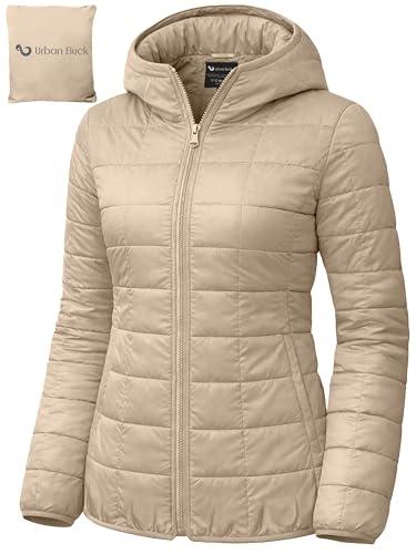 URBAN BUCK Packable Puffer Jacket Women with Hood – 32 Degree Heat Lightweight Travel Winter Plan Puff Foldable Jacket for Women - Ember Cream Quilted Water-Resistant & Repellent For Outdoor (XL)