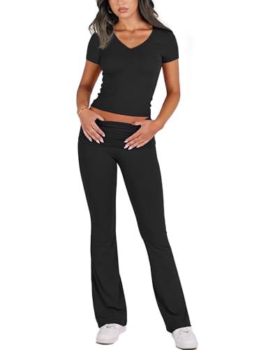 Chicyes Lounge Sets for Women 2 Piece Foldover Yoga Flare Leggings Pants Crop Tops Casual Y2K Outfits Matching Tracksuit Set S