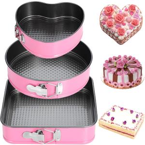 Tatuo Pink Spring Form Pan Set Valentine's Day 3 Pieces Round Square and Heart Shaped Cake Pans Pink Detachable Cheesecake Baking with Removable Bottom