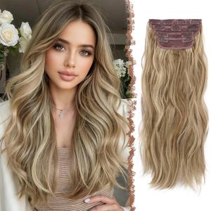 FESHFEN Clip in Hair Extensions for Women - 4 Pcs Thick Double Weft Long Wavy Soft Synthetic Blends Well Hair Extension, 20 inch Light Brown & Mixed Blonde