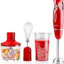 OVENTE Immersion Hand Blender Set, 300W Corded Electric Handheld Stick Mixer, 2 Mixing Speeds with Stainless Steel Blades, Egg Whisk, Beaker & BPA-Free Food Chopper, Red HS565R