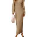 Saodimallsu Womens Long Sleeve Midi Sweater Dress Crew Neck Swiss Dot Soft Knit Casual Fall Trendy Maxi Dresses (Light Brown, Large)