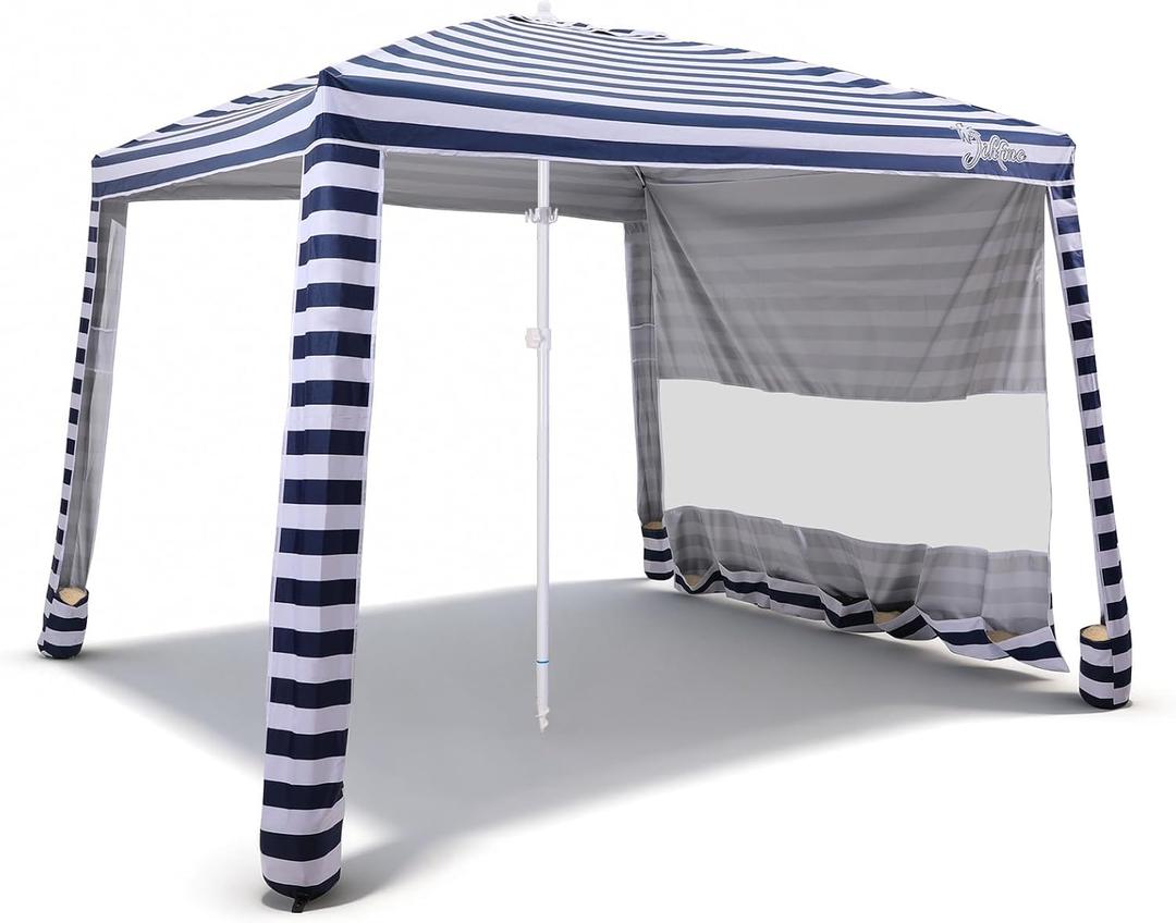 Jihfmo 8x8 Ft Large Beach Cabana Tent, UPF 100+ Windproof Sun Shelter for Family - 64 Sq Ft Big Shade Canopy with Sand Anchors & Cooling Silver Glue Coating, Easy Setup Portable Sunshade - Blue Stripe