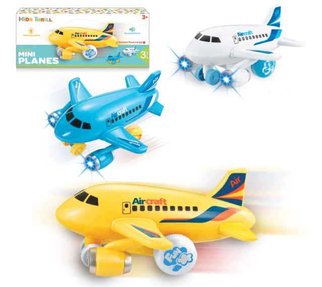 KIDSTHRILL Kids Airplane Toy for Boys & Girls. Set of Three Toy Airplanes with Flashing Lights, Music & Airplane Sound, Push and Go Toy Plane Gift Toys for Toddler Boys 2 3 4 5 6 7 Years Old & up