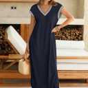 MEROKEETY Women's 2025 Spring Summer Maxi Dress Casual V Neck Split Beach Vacation Loose Long Dresses (Blue, S)