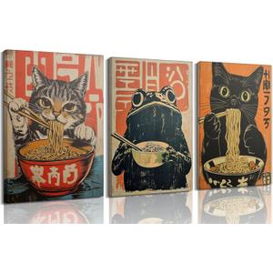 3Pcs Japanese Black Cat Eating Ramen Canvas Wall Art Funny Cats and Frog Painting Picture Wall Decor Vintage Cute Tokyo Kitchen Poster Print Artwork for Living Room Kitchen Dining Room Home Decoration 16x24in