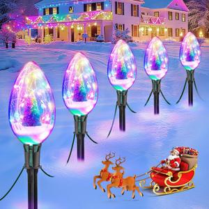 Brightever Jumbo C9 Outdoor Christmas Decorations, 8FT Waterproof Plug-in Pathway Lights Connectable, 5 Large C70 Jumbo Light Bulbs with Built-in Mini Christmas Tree in Snowy Landscape, Multicolored