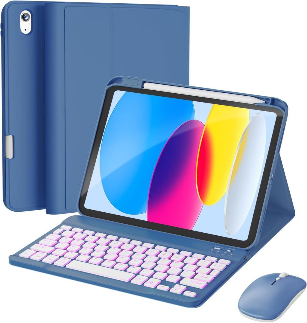 RAYMCRAFT for iPad 11th (A16, 2025) / 10th Generation Case with Keyboard, Mouse and Detachable Wireless Keyboard, 7-Color Backlight, Slim Case with Pencil Holder, Steel Blue