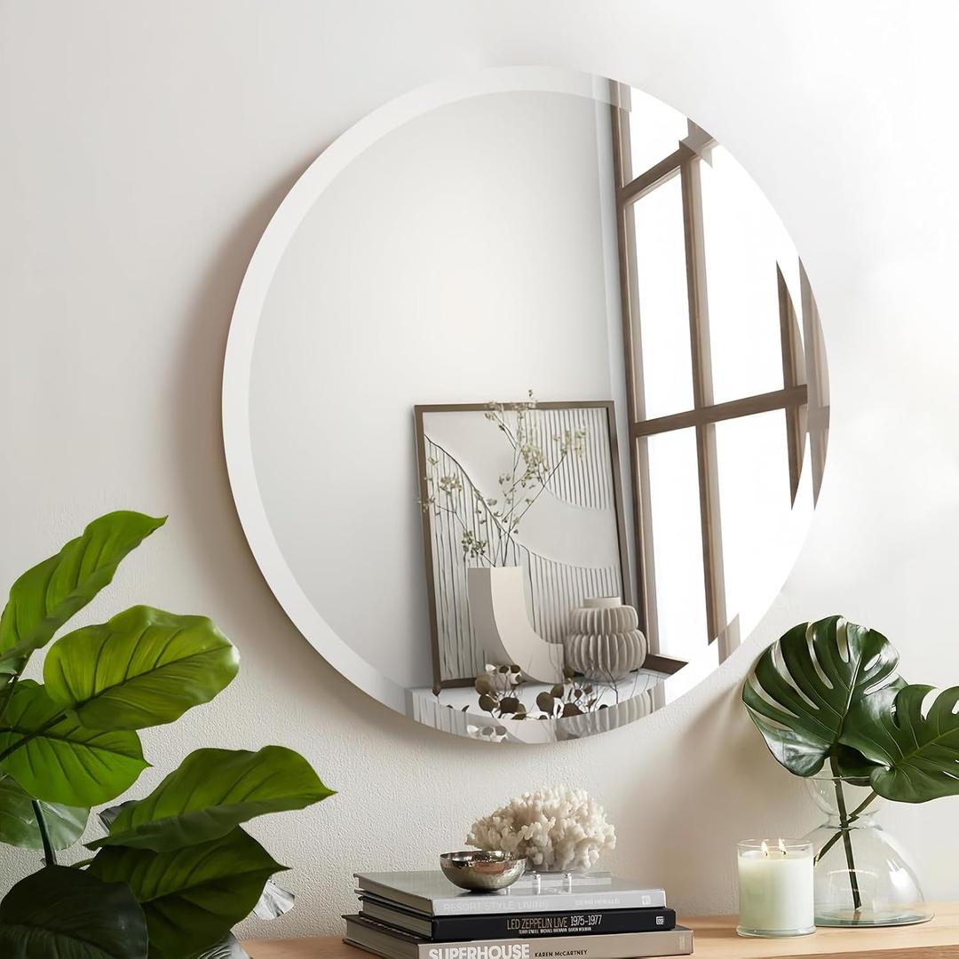 28 inch Beveled Bathroom Mirror, Frameless Round Mirror, 1" Polished Beveled Edge Circle Mirror for Bathroom, Living Room, Bedroom