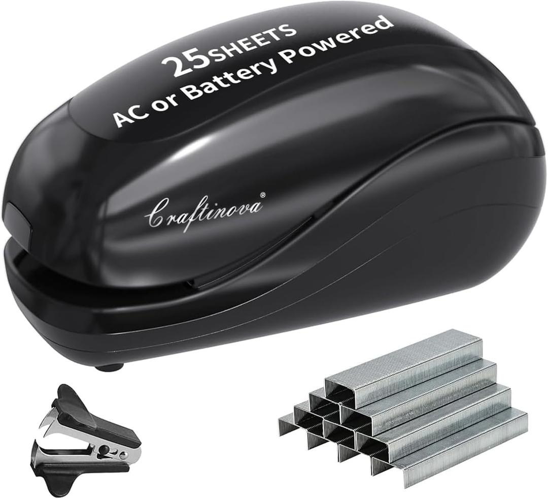Electric Stapler,Including 2000 Staples and 1 Staple Remover, Suitable for Palm Size and high Comfort25 Sheet Capacity, AC Adapter or Battery PoweredBattery not Included(Black)