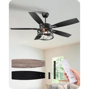 EDISHINE 42 Black Farmhouse Ceiling Fans with Lights, Remote Control, Dimmable, 6 Speeds, 5 Wood Blades, DC Reversible Motor, Timer, Noiseless, Small Rustic Fan for Bedroom Living Room Kids Room (Black & Grey Oka)