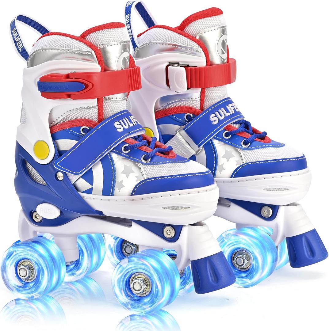 SULIFEEL Rainbow Unicorn 4 Size Adjustable Light up Roller Skates for Girls Boys for Kids (Large - Youth, G Space Blue)