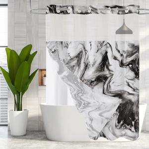 MitoVilla No Hooks Required Black and White Shower Curtain Set with Snap-in Liner, Modern Abstract Marble Shower Curtains for Luxury Hotel Grade Spa-Like Bathroom Decor, 74.00''x72.00''