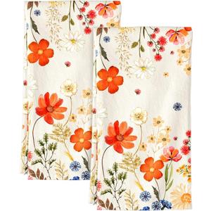 Flour Sack Kitchen Towels Set of 2-18x26 Cotton Dish Towels with Hanging Loop Reusable Tea Towel for Cleaning Spring Absorbent Dishcloths Cute Home Decor Housewarming, Red Flower