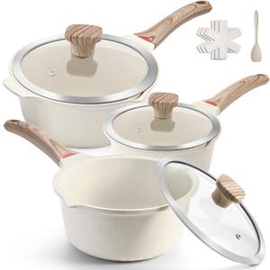 VINCHEF Sauce Pan Set with Lid 10PCS, 3 White Non Stick Cooking Pots Induction pot sets, Saucepan Set with Silicone Tools and Pot Protectors, PFAS and PFOA Free (2QT+3QT+4QT)