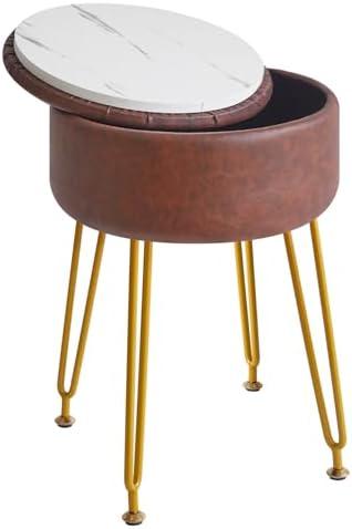 IBUYKE Faux Leather Round Footrest Stool with Storage Ottoman, Makeup Vanity Chair Side Table, PU Dressing Table Seat, Removable Cover, Golden Steel Legs, Dark Brown WBD024Z