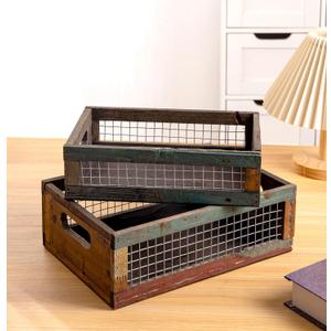 TIMRIS Set of 2 Rustic Wooden Countertop Baskets, Farmhouse Distressed Nesting Boxes, Small Decorative Wooden Storage Crates, Reclaimed Wood Organizer Baskets with Wire Mesh (Random)