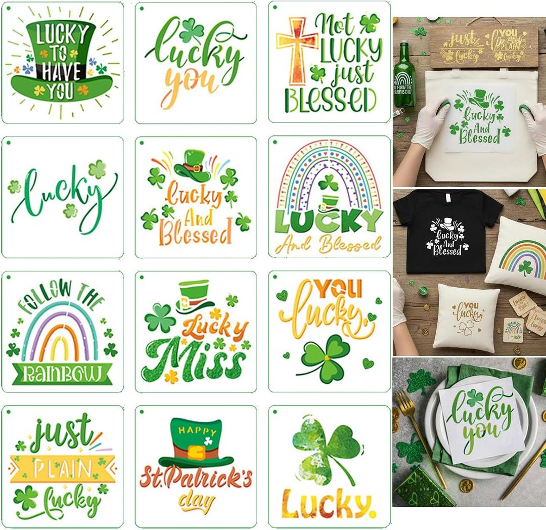 Lucky Day Friendship Themed Stencils for Reusable Painting On Wood Canvas Scrapbook Paper Fabric Pillows Card Making - 12Pcs Saint Patricks Day DIY Art Craft Stencil for Window Door Home Decorations