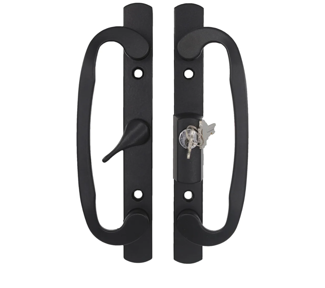 Sliding Glass Patio Door Handle Replacement Set, Zinc Diecast, Fits 1-3/8" to 2-1/4" Thick Doors, 3-15/16inch(10cm) Hole Spacing Keyed (Centered, Black)