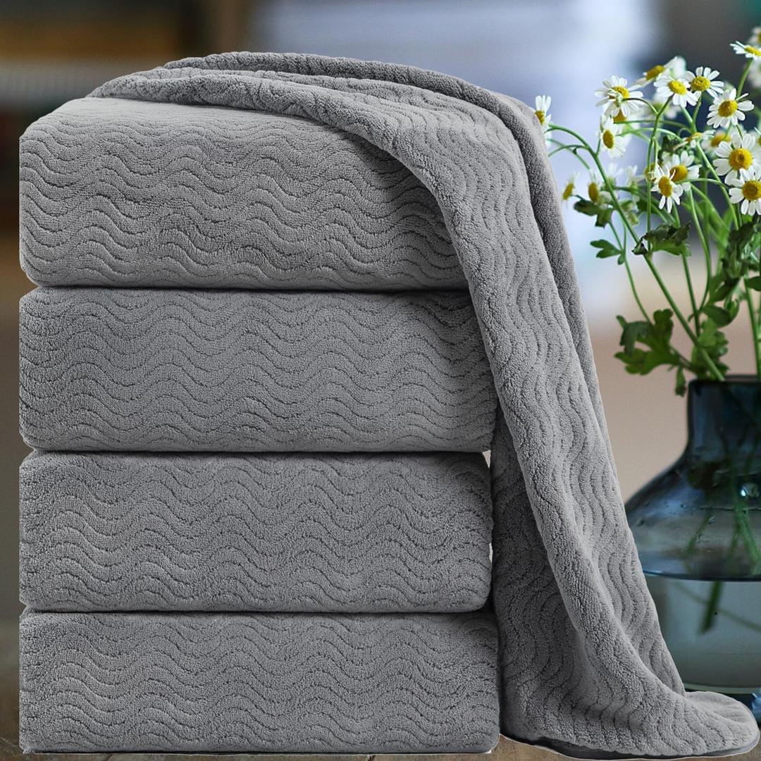 Ultra Soft Bath Towel Set of 4, Grey Extra Large Textured Microfiber Luxury Towels 35x70 in, Quick Dry, Highly Absorbent, Fluffy, Oversized, for Bathroom Shower Pool Hotel Beach (Dark Gray)