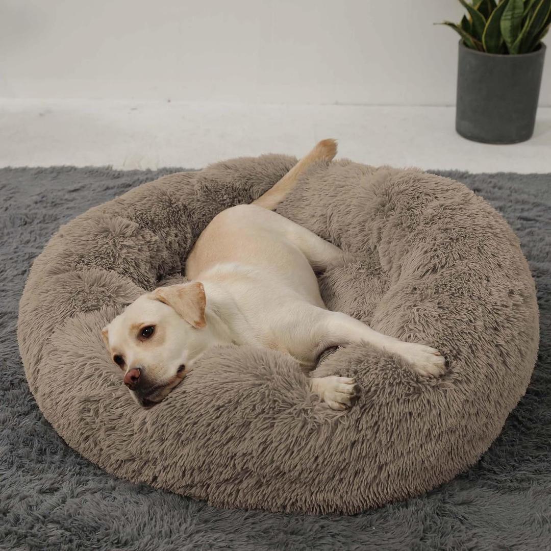 HACHIKITTY Calming Donut Cuddler Dog Bed, Round Fluffy Pet Bed with Sewn-in Cushionfor Large Dogs,Washable, Large, Taupe, 30''