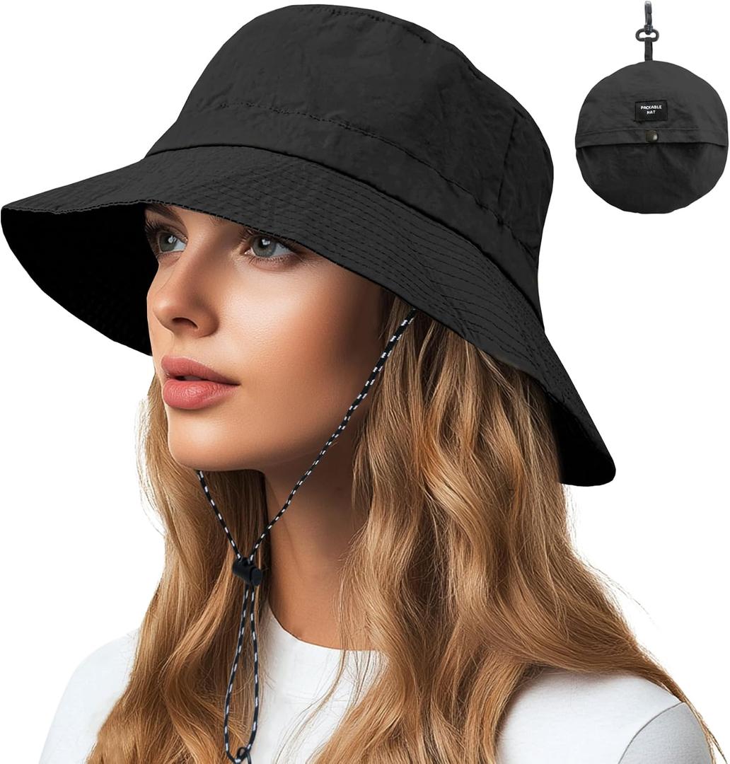 NPQQUAN Sun Bucket Hats for Woman Men Lightweight Sun Hat Packable Foldable Waterproof Beach Hiking Hat (Black)
