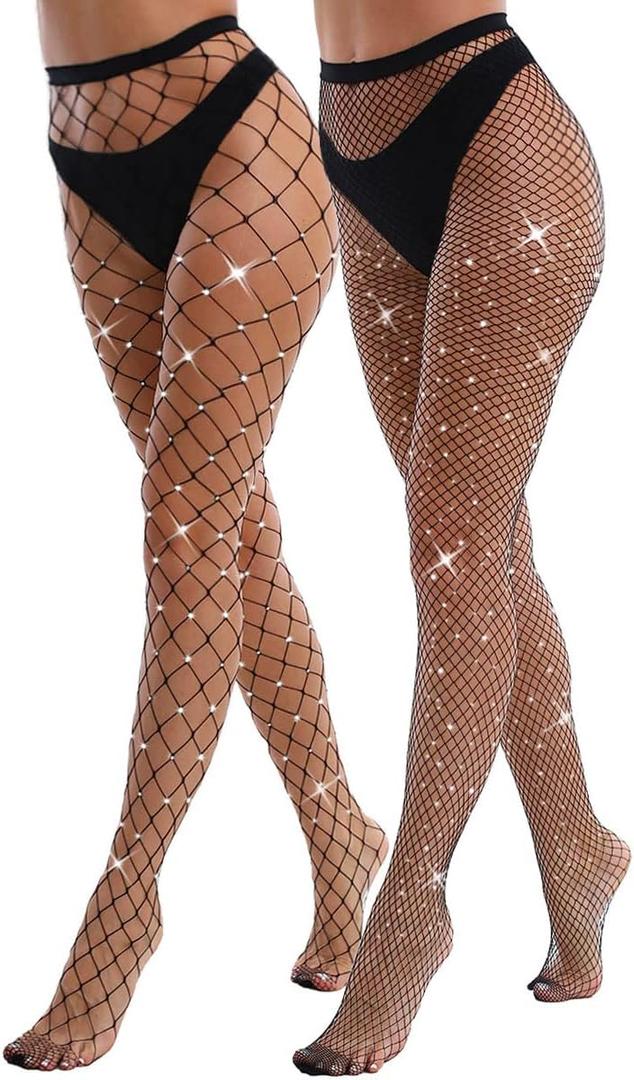 VEBZIN 2 Pack Sparkly Large And Medium Mesh Fishnet Tights For Women Glitter Rhinestone Fishnets Stockings (Black)