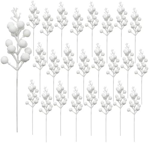 Huisipool 24 Pieces Christmas Glitter Berries Stems Artificial Berry Twig Stem Berry Picks Decorations for Christmas Ornaments, DIY Xmas Wreath, Holiday and Party Decor (White)