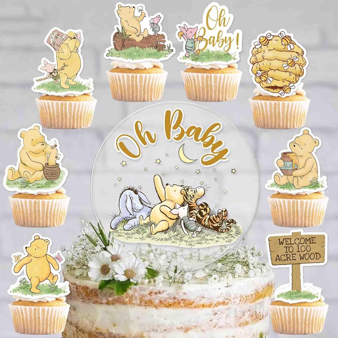 Acrylic Winnie Bear Cake Decorations Set with the Cake Topper, 48pcs Pooh Baby Shower Cupcake Toppers, Oh Baby First Birthday Cake Decorations