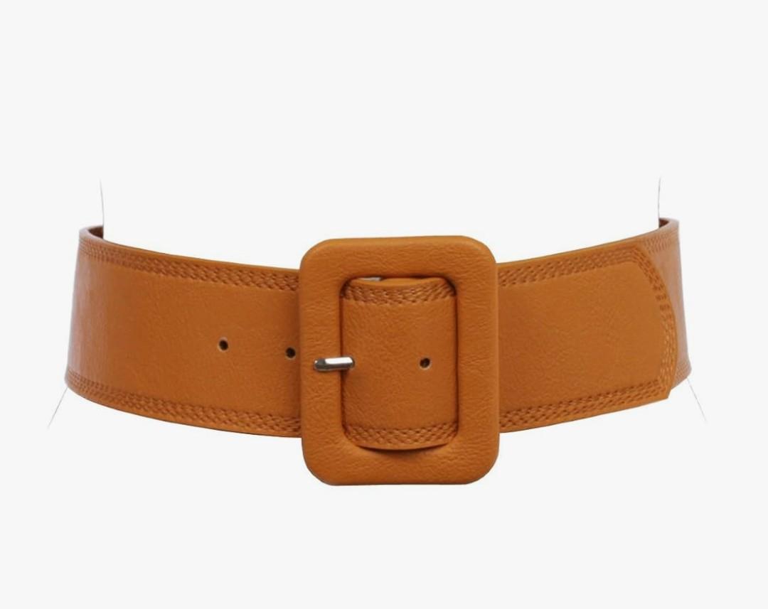 Women's 2 1/4" Wide High Waist Rectangular Stitch-edged Leather Belt, Tan | XS/S-28"
