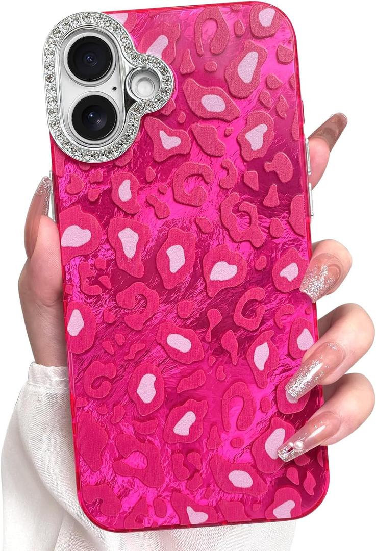 KANGHAR Case for iPhone 15 Plus Leopard Printed Pattern Cute Cheetah Phone Case Clear Bumper Hard Back Shockproof Protective Diamond Glittter Camera Lens Cover for iPhone 15 Plus Hot Pink