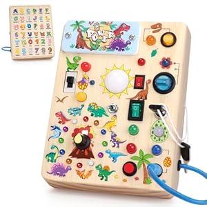 Iabedi Dinosaur Busy Board, Wooden Toddler Toy, Sensory Travel Toy, Ideal Gift for 13 Years Old Boys (Dinosaur Busy Board Plus V2), Blue