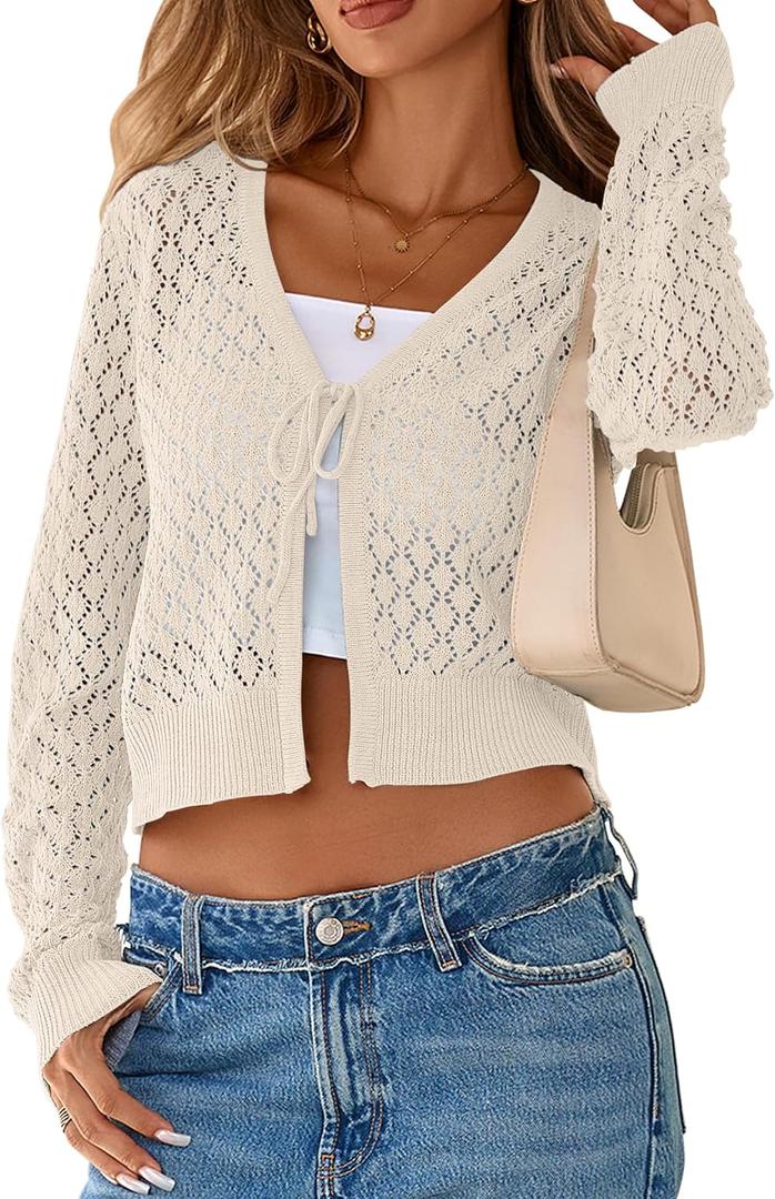 SimpleFun Womens Crochet Cardigan Casucal Tie Front Shrugs Sweaters Long Sleeve Knit Cropped Cardigans Tops (White, L)