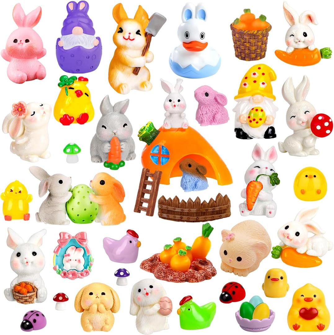 60Pcs Easter Luminous Mini Resin Figurines Miniature Figurines Tiny Small Easter Glow in The Dark Little Bunnies Chicken for Dollhouse Eggs Fillers Landscape Micro Garden Decoration Party Favors