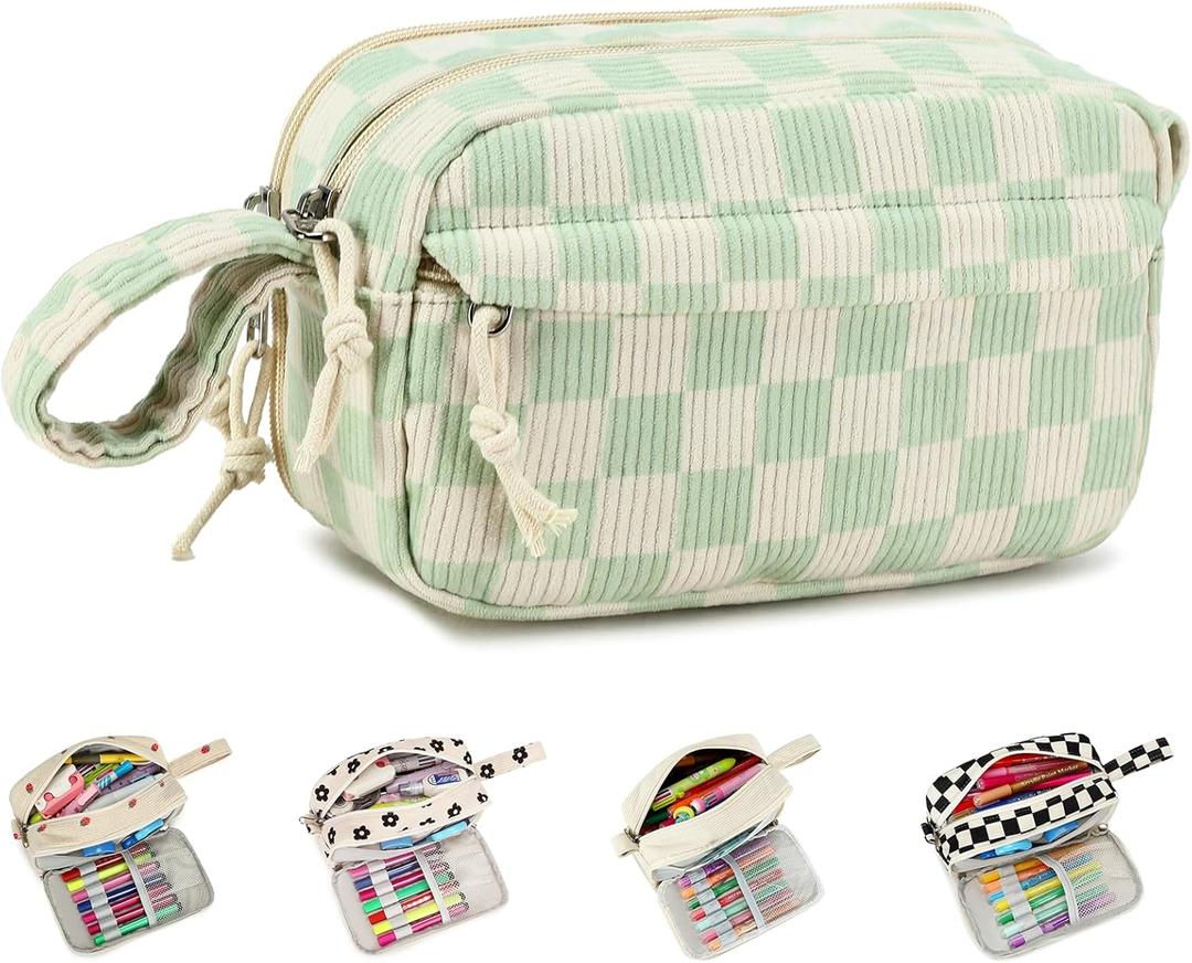 Bluboon Big Capacity Pencil Case Pencil Pouch Pen Case School Supplies Cute Pencil Box Pencil Bag for Teen Girls Boys Women Man (Green White Checkered)