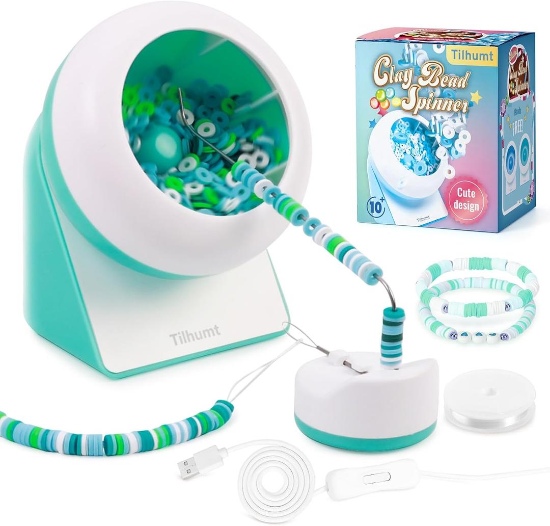 Tilhumt Clay Bead Spinner, Electric Bead Spinner for Jewelry Making, Friendship Bracelets Maker with Needle and Elastic String, Gift for Patent Design, Green (Beads Not Included)