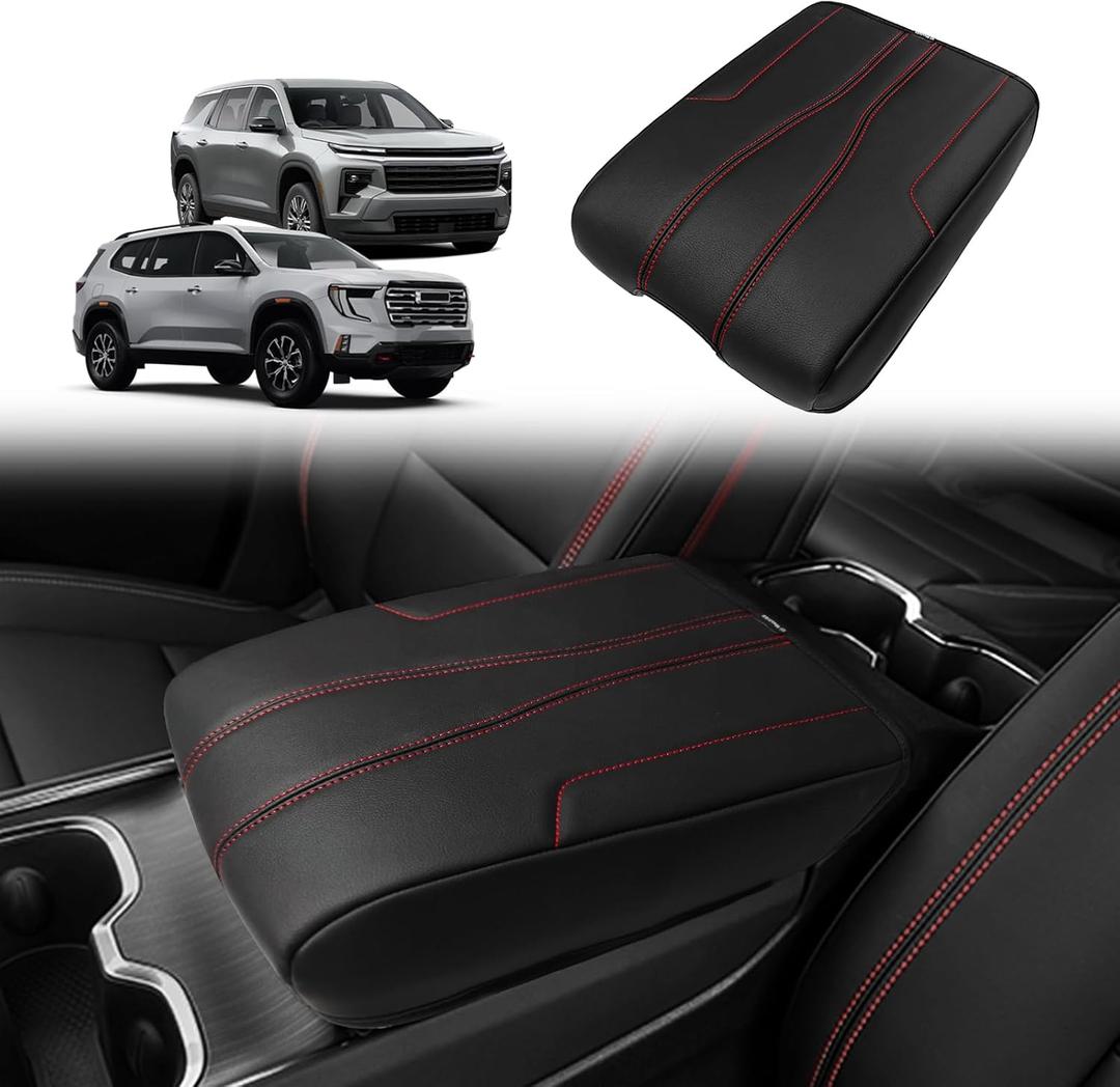Center Console Armrest Cover Fit for GMC Acadia & Chevrolet Chevy Traverse 2024-2026 Accessories, Comfort Armrest Pad Console Lid Cushion Vegan Leather Regular Thick (Black/Red Trim)