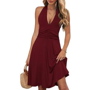 WKIOR Womens Sundress Summer Beach Vacation Sleeveless Halter Neck A-Line 2026 Boho Floral Midi Dress with Pockets, Red, L