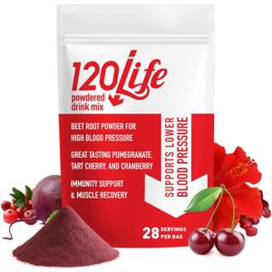 120/Life Blood Pressure Support, Natural Beet Root Powder Drink Mix with Pomegranate Powder, Cranberry Supplement, Tart Cherry, Hibiscus, and Magnesium (28 Servings) - Gluten-Free, Vegan (EXP 12/01/27)
