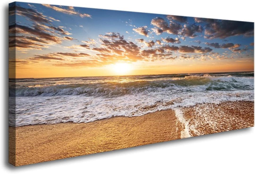 Jiuqinghua Wall Art Decor Large Canvas Print Picture Sunrise over the Sea 1 Panel Ocean Beach Waves Scenery Painting Artwork for Office Wall Decor Home Decoration Stretched and Framed Ready to Hang, 58"L x 29"W