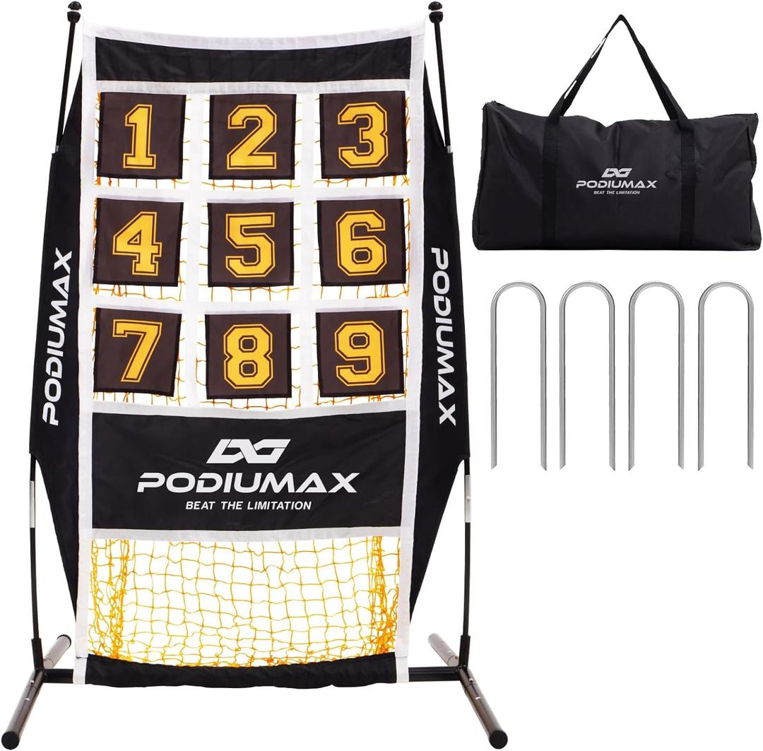 PodiuMax Baseball & Softball Pitching Net, 9 Hole Target Net with Strike Zone, Large Ball Collection System, Solo Practice for Backyard Park Field, Portable Baseball Throwing Trainer with Carry Bag