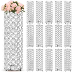 Dandat 16 Pcs Crystal Flower Vase and Pillar Candle Holder Set 10.24 Inch Wedding Cylinder Flower Vases Stand Table Centerpieces Candle Holders for Table Room Home Wedding Party Events Decor(Silver)