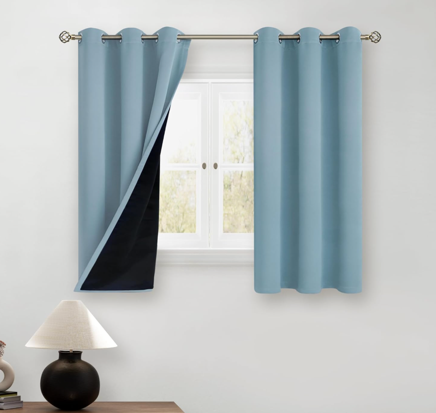 BGment Short 100% Blackout Curtains for Bedroom, Thermal Insulated Lined Energy Efficiency Noise Reducing Grommet Curtains 45 Inch Length for Small Window 2 Panels Each 42 Inch Wide, Greyish Blue