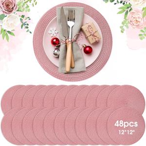 Buryeah 12 Inch Christmas Round Placemats Wedding Circle Woven Placemats Boho Decor Washable Dining Table Mats Tablescape Hosting Friends for Birthday Dinner Parties(Pink,48 Pieces)