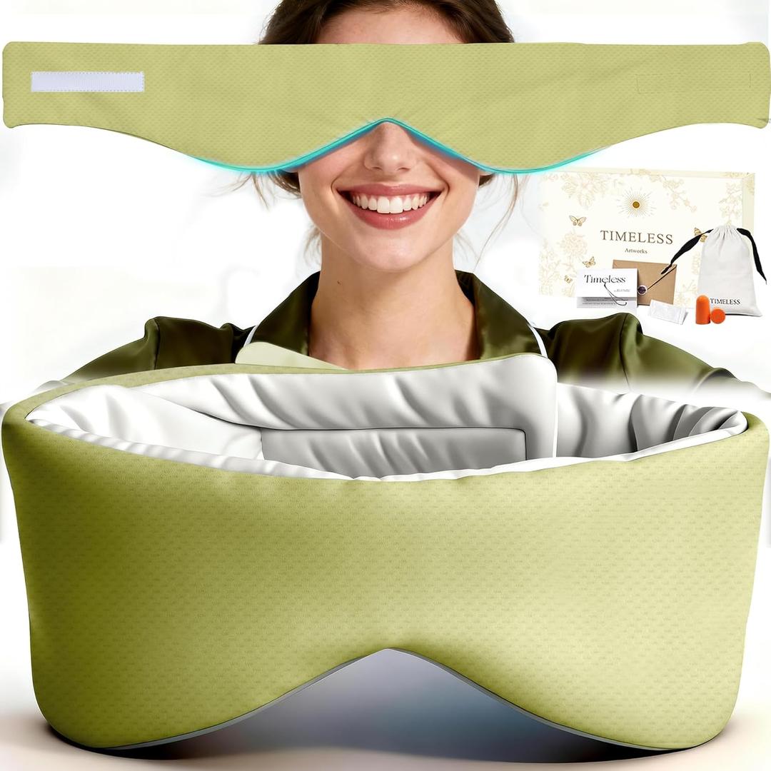 Reversible Full-Cover Meadow Mint White Cotton Eye Mask for Sleep, Adjustable Breathable Wrap, Lightweight Total-Dark Blindfold for Sleep Travel, Holiday Gift Kit for Women Girl Men Adults, Green