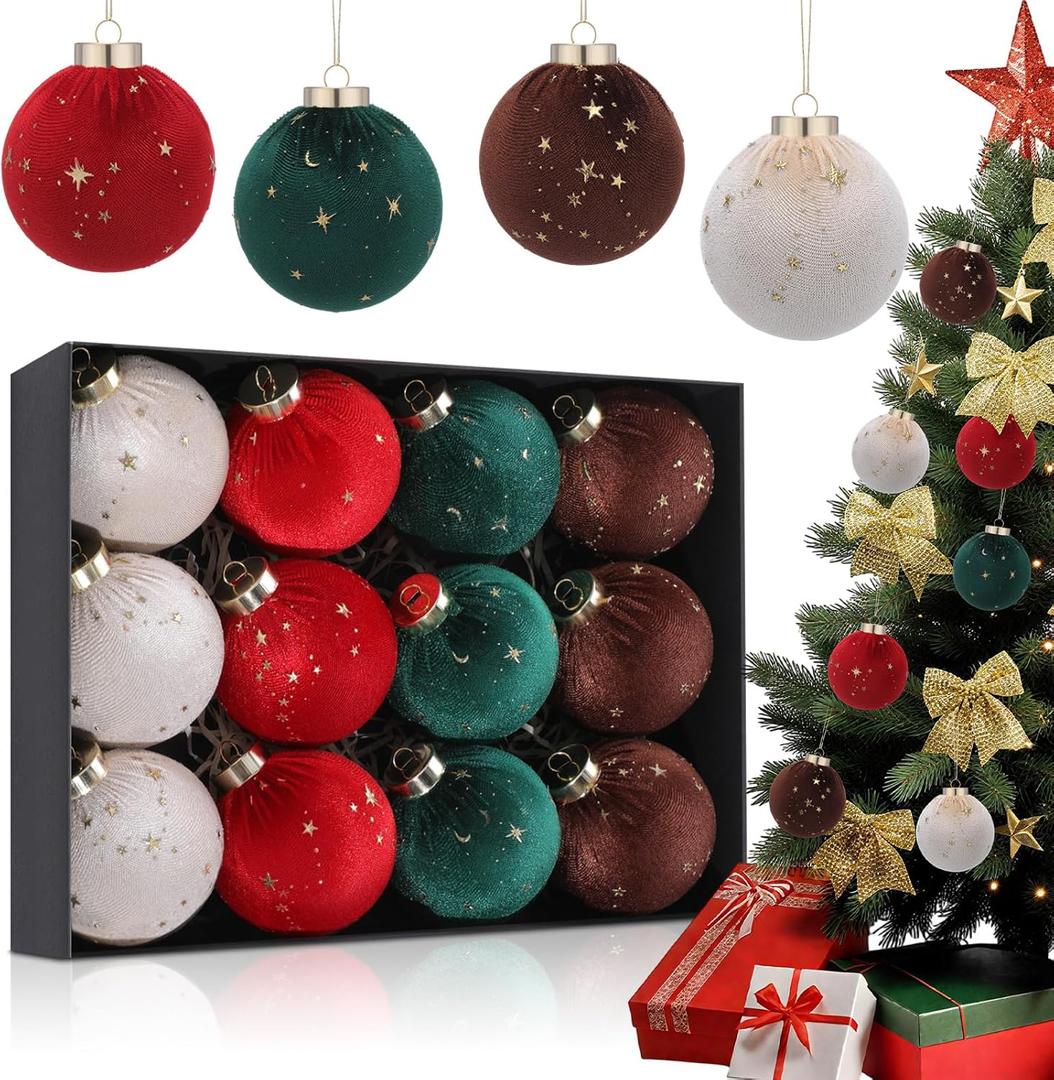 Liliful 12 Pcs 4 Color Velvet Christmas Balls and Stars 3.15 Inch Flocked Christmas Tree Ball Ornaments Plastic Ball Decorations with Gift Box for Xmas Tree, Party, Holiday, Wedding