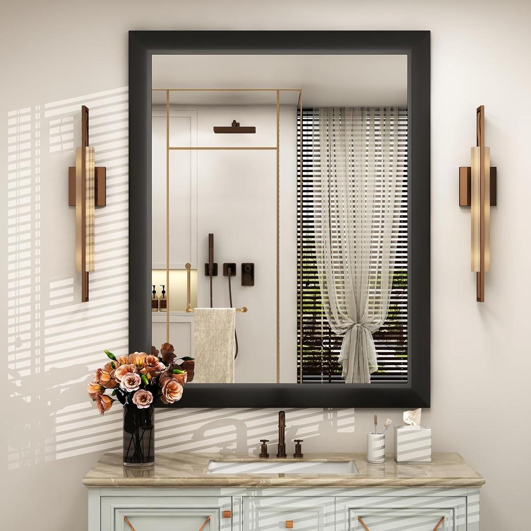 SMIROR Matte Black Bathroom Mirror for Over Sink 36x 30 inch, Metal Thick Frame Rectangle Vanity Mirror for Wall, Anti-Rust, Horizontally or Vertically Mounted